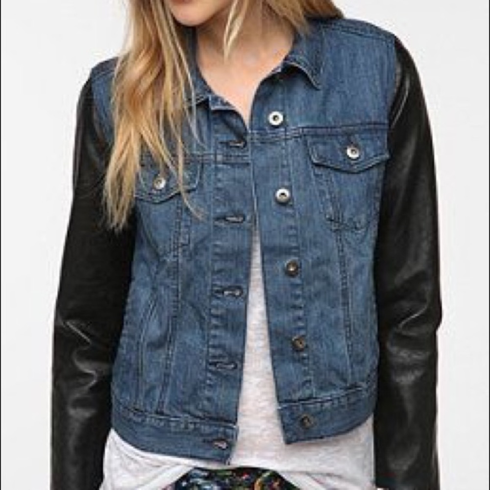 UO denim jacket with leather sleeves